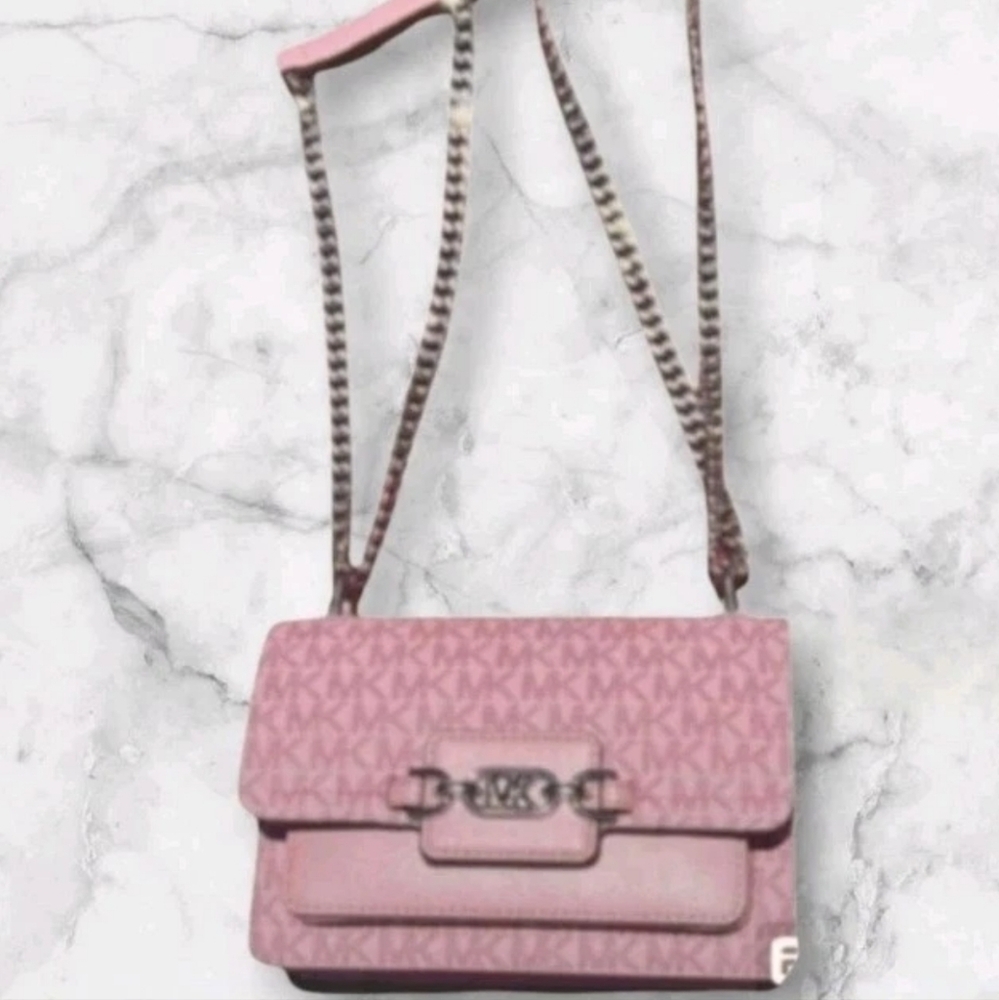 SALE Michael Kors Heather Signature Logo ADJ Crossbody Canvas Rose-Pink Silver